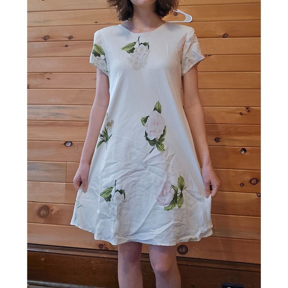 Vintage 1990s Digital Floral Print White Floral Printed Mini Length Dress 6